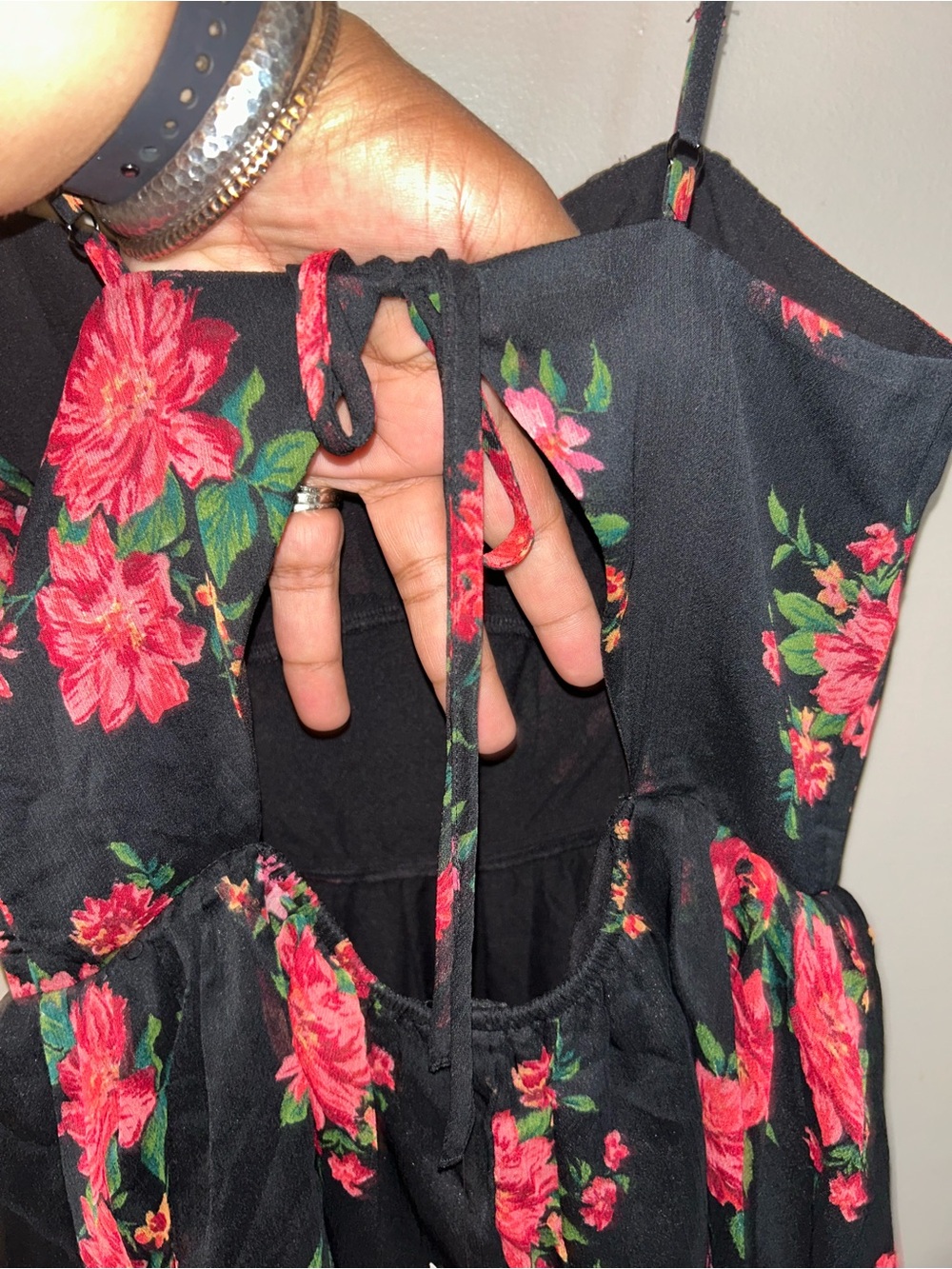 American Eagle Outfitters Dress - black/red floral Ruched Tie-Back Mini  NWT - Picture 7 of 12